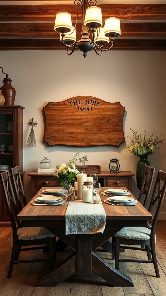 A cozy farmhouse dining room with an engraved wooden plaque on the wall above a wooden dining table.