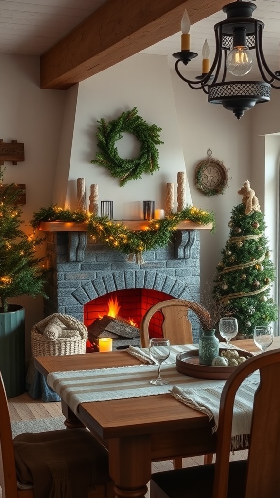 A cozy Cottage Core dining room featuring a fireplace, decorated with greenery and candles.