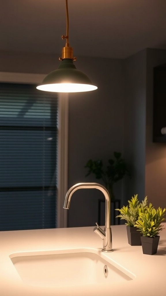 A stylish green pendant light above a modern sink with potted plants nearby.