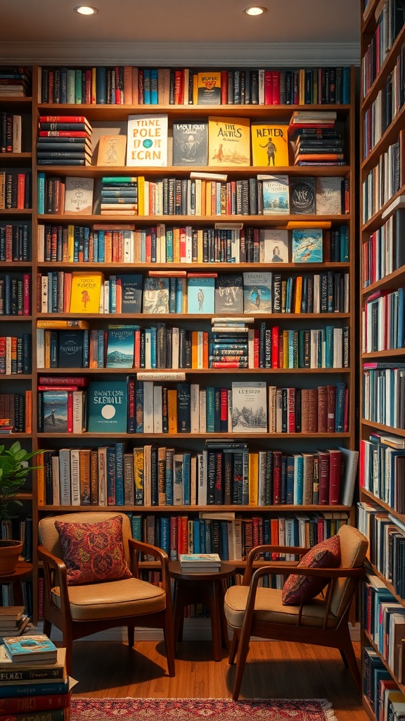 A cozy home library wall filled with books and two comfortable chairs.