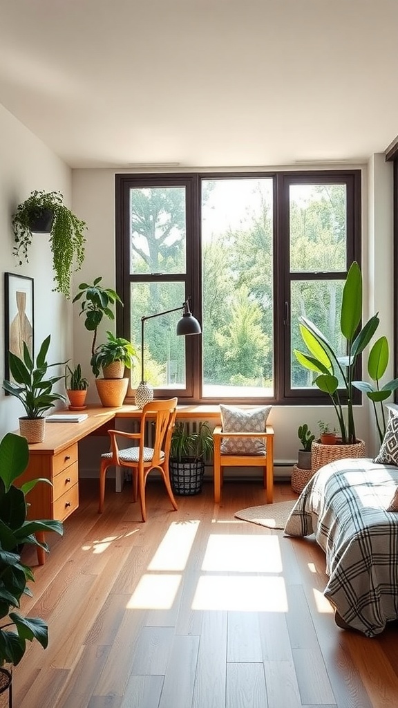 A bright room featuring a work desk, cozy seating, and various plants, blending a guest bedroom with a home office.