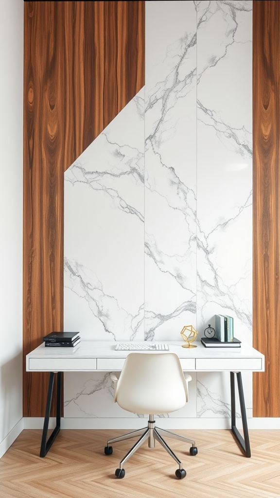 An office setup featuring a marble and wood accent wall, a white desk, and a modern chair