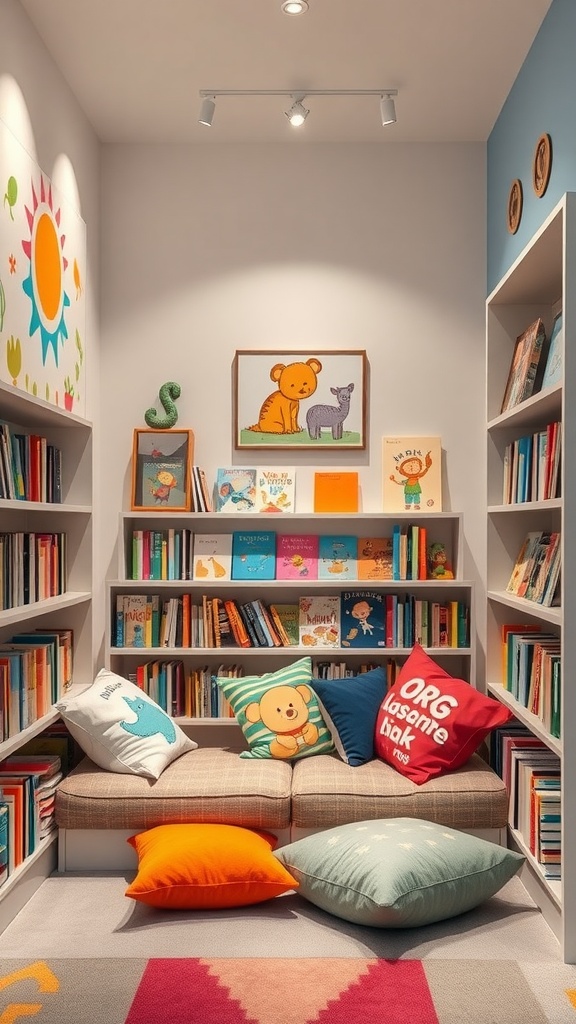 A cozy and colorful reading nook for kids with shelves of books and bright pillows.