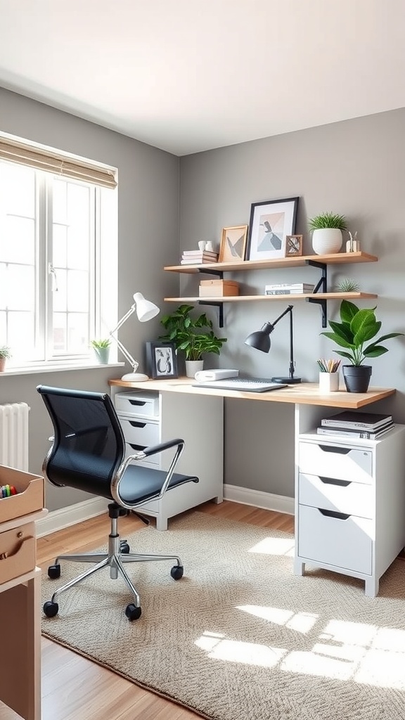 A stylish small home office with a modular desk setup featuring light wood and white storage, open shelves, and plants