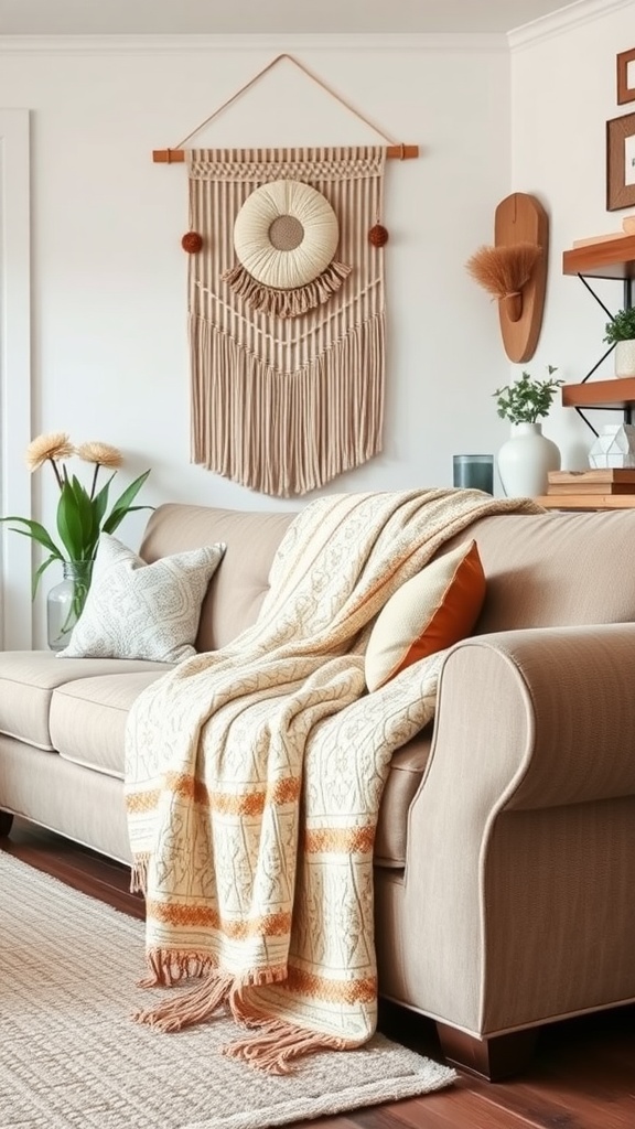 A cozy modern farmhouse living room with a beige sofa draped with a patterned throw and a macrame wall hanging above.