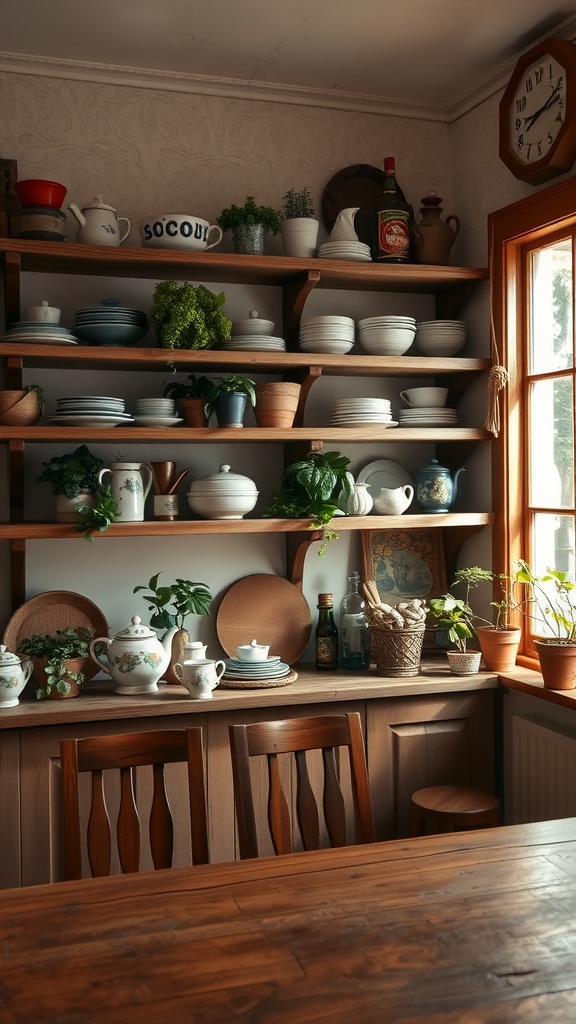A cozy Cottagecore dining room featuring rustic wooden shelves filled with dishes and plants.