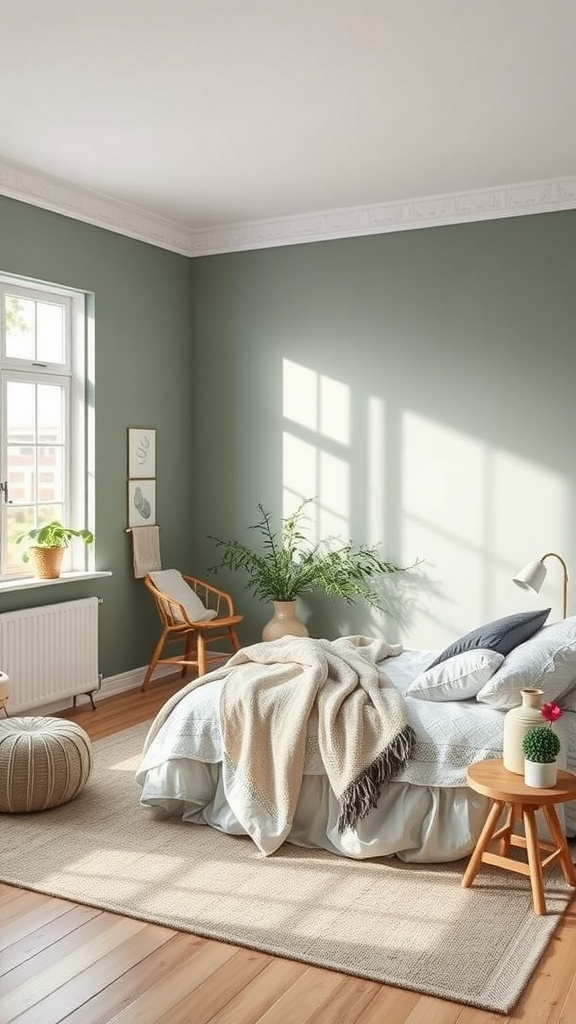 A Scandinavian-style bedroom featuring sage green walls, a cozy bed with neutral bedding, a wooden chair, and a bright atmosphere.