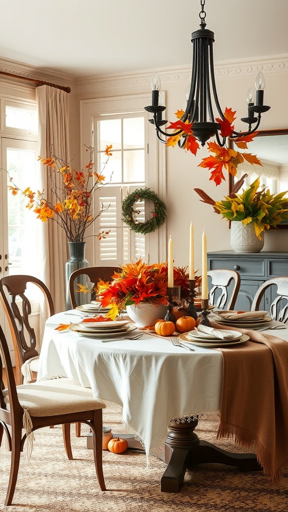 Chic dining room decorated for autumn with leaves, pumpkins, and a chandelier.