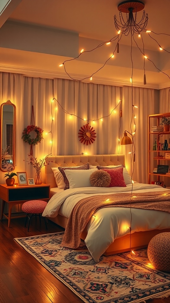 A cozy boho bedroom featuring fairy lights, plush bedding, and warm decor.