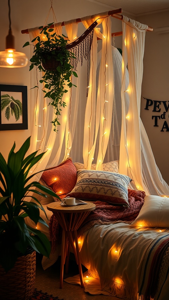 A cozy boho bedroom with solar-powered fairy lights, a bed adorned with pillows and throws, and hanging plants.