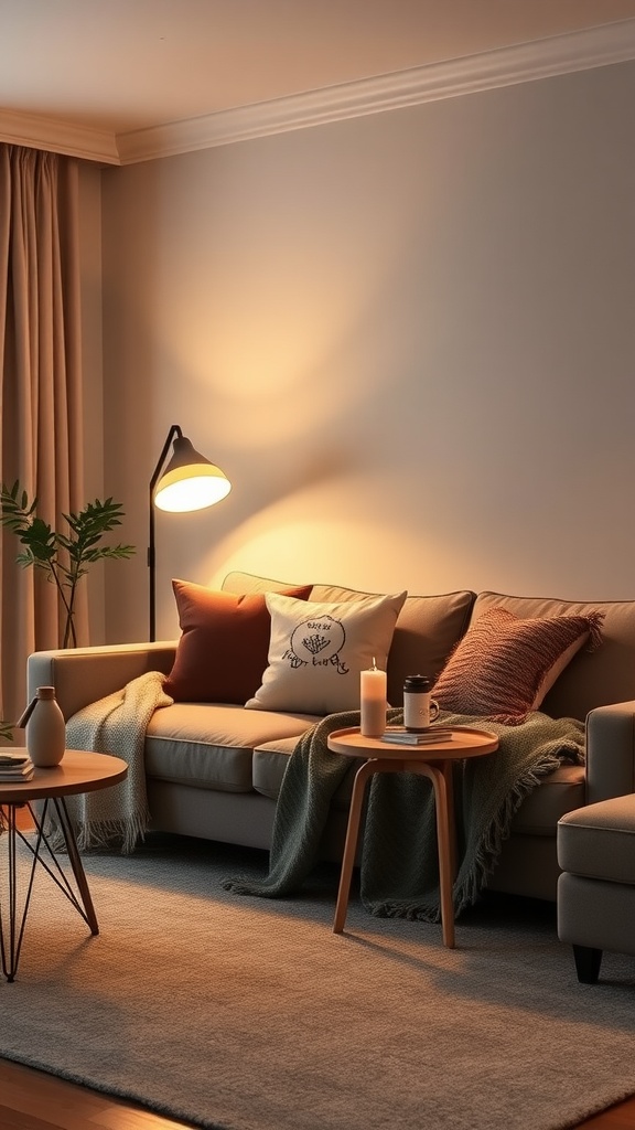 Cozy living room with a floor lamp, comfortable sofa, and warm lighting.