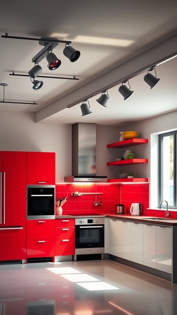 A modern kitchen featuring adjustable spotlight bars on the ceiling, with red cabinets and a stylish layout.