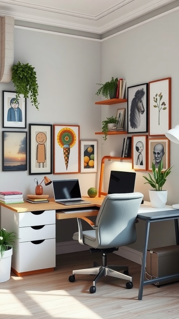 Cozy office space featuring artistic decor and plants, designed for productivity.