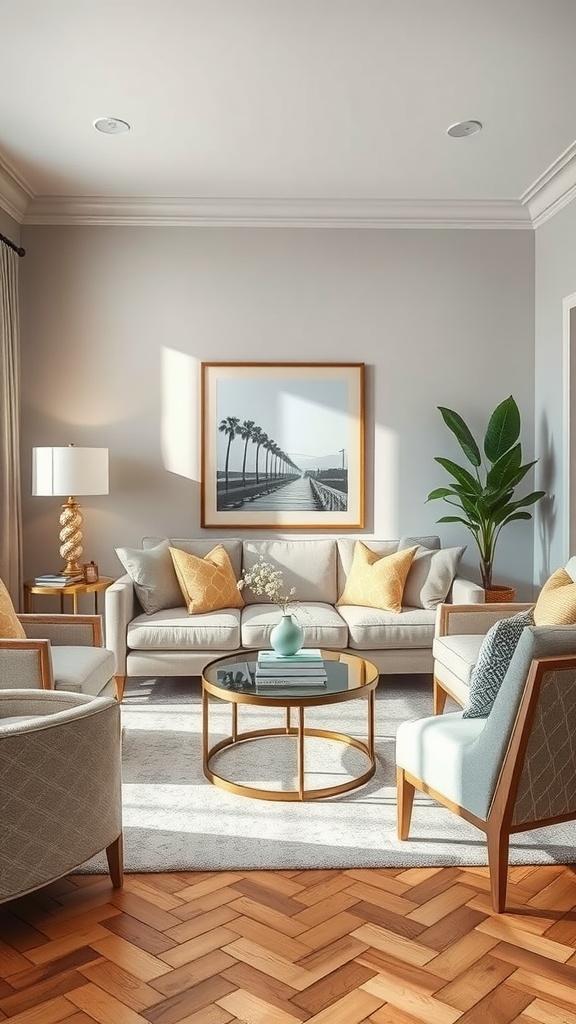 A stylish sitting room featuring a grey sofa with yellow pillows, a round coffee table, a large black-and-white artwork, and a green plant.