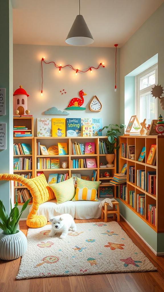 A colorful reading nook for kids with bright cushions, bookshelves, and playful decor.