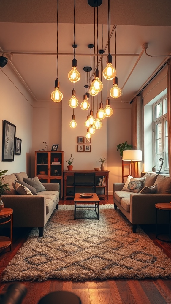 A cozy living room featuring Edison bulbs hanging from the ceiling, providing warm lighting.