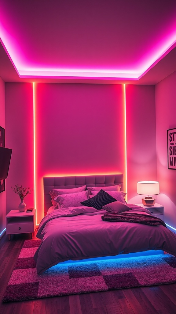 A modern bedroom featuring customizable LED light installations in vibrant pink and blue colors.