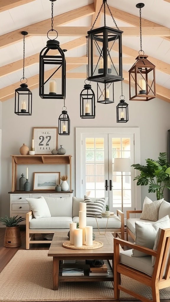 A modern farmhouse living room featuring decorative lanterns hanging from the ceiling, with light-colored furniture and wooden accents.