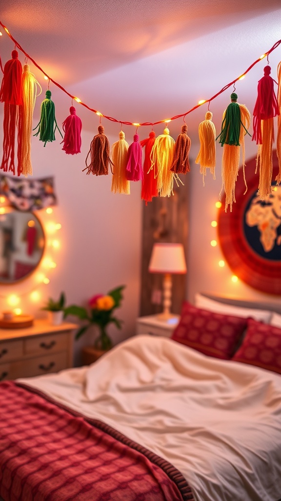 A cozy bedroom with a colorful tassel garland glowing above the bed, creating a warm, inviting atmosphere.