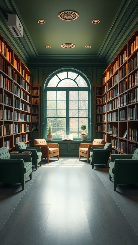 A cozy library room with green walls, bookshelves filled with books, and comfortable seating.