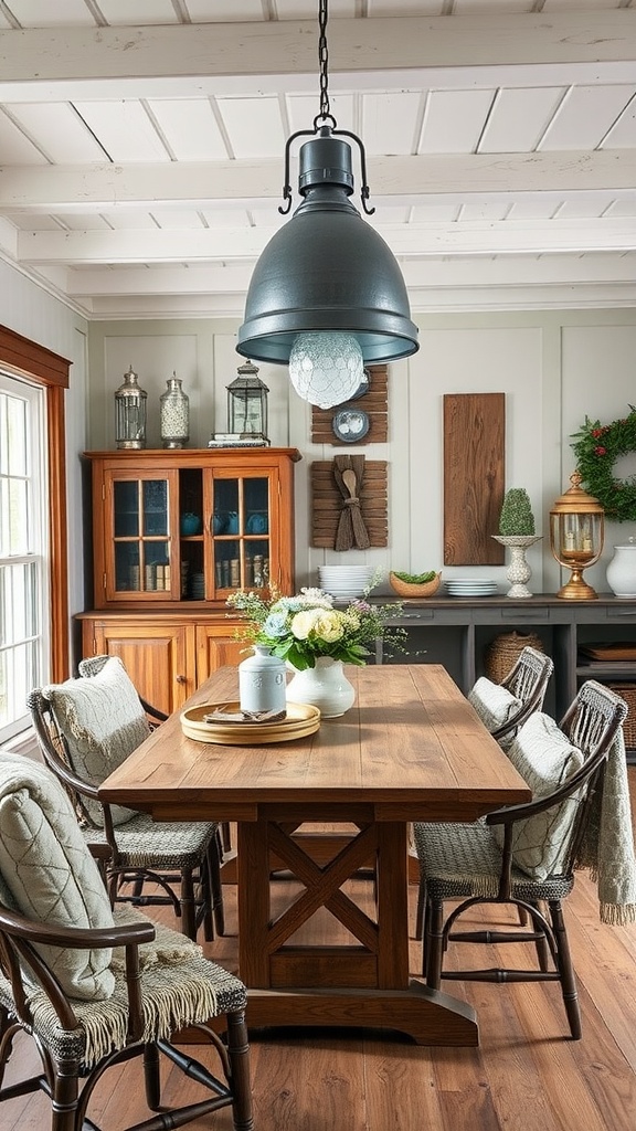 Cozy dining room featuring a wooden table, galvanized metal light fixture, and rustic decor.