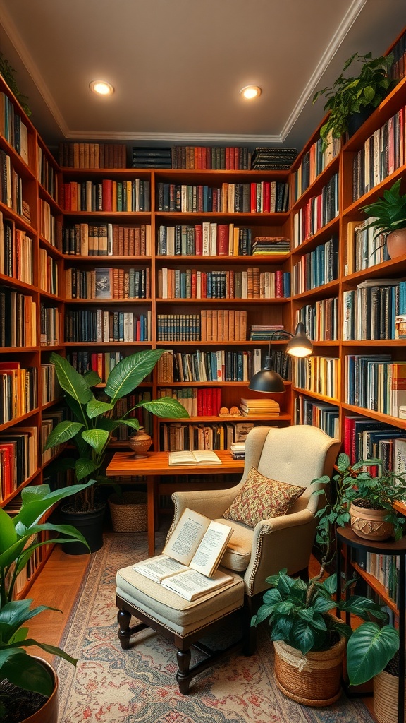 A cozy home library with wooden shelves filled with books and a comfortable chair surrounded by plants.