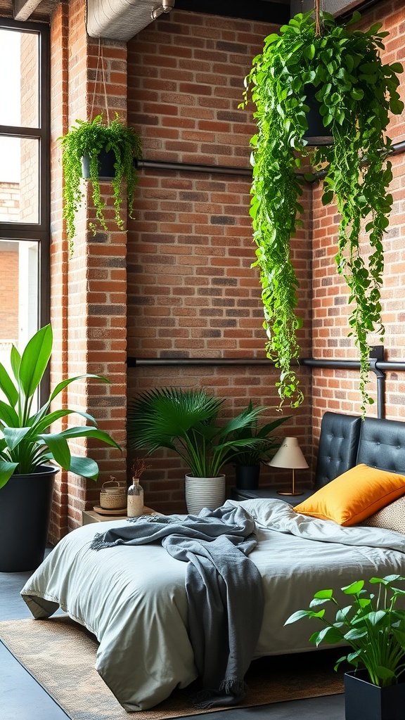 A modern industrial bedroom featuring hanging plants, a bed with soft linens, and brick walls.