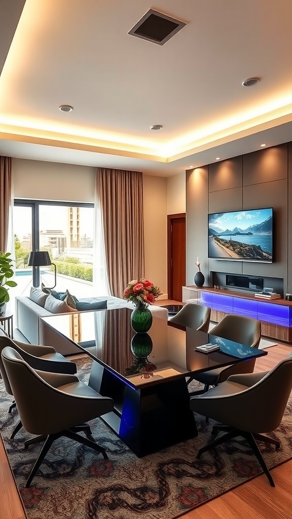 A modern living room-dining room combo featuring a sleek dining table, stylish chairs, and a mounted television