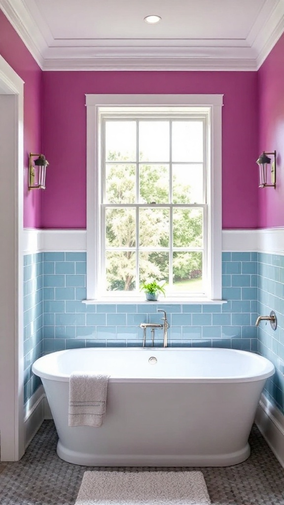 A vibrant magenta bathroom with white trim, featuring a bathtub, sink, and decorative plants.