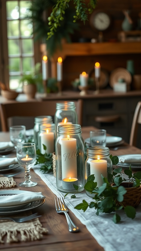 A rustic dining table set with mason jar candle holders, greenery, and elegant tableware.