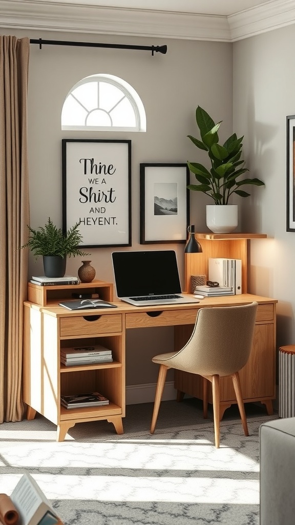 A cozy home office nook with a multipurpose credenza, featuring a desk, chair, plants, and wall art.