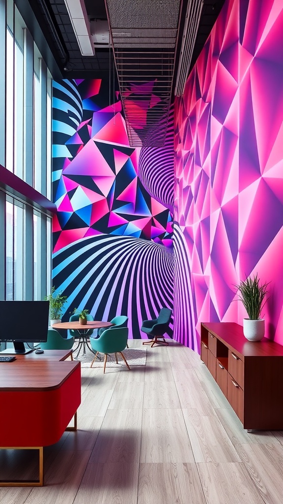 An office space with geometric optical illusion patterns in vibrant colors on the walls.