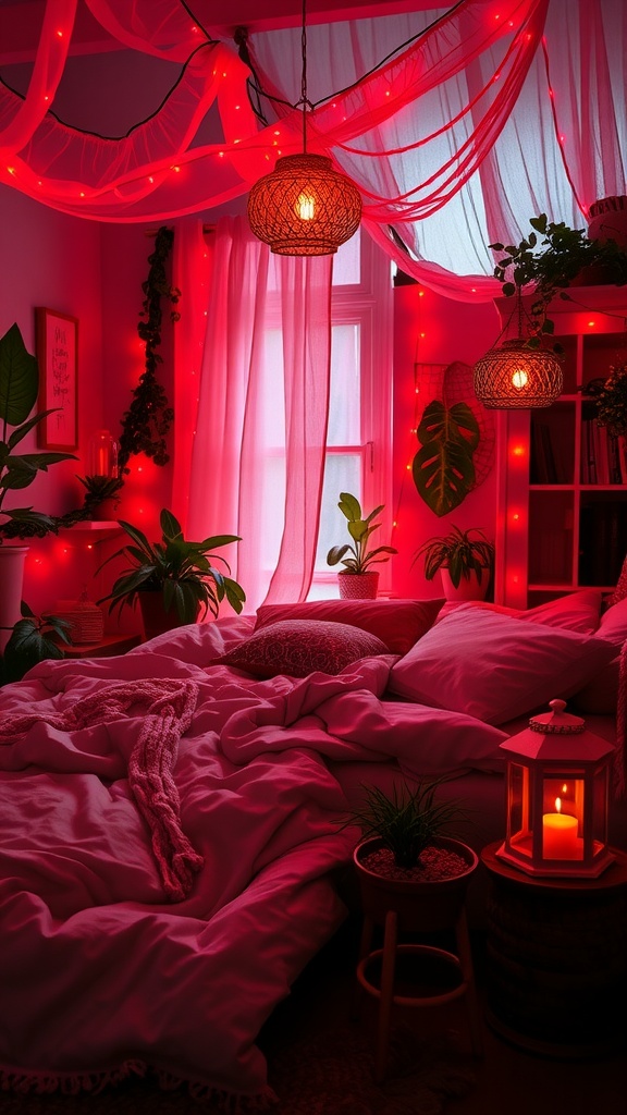 Cozy bedroom with red fairy lights, soft bedding, and greenery
