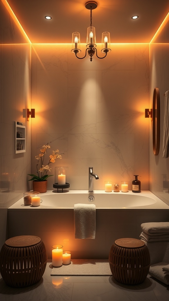 A serene bathroom with warm spa lighting, featuring a chandelier, candles, and natural decor.