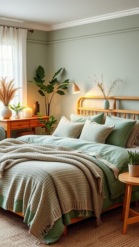 A cozy sage green bedroom featuring layered bedding, plants, and warm lighting.