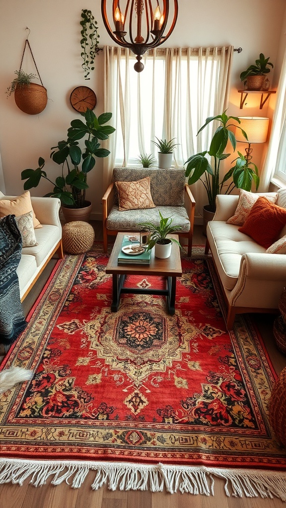 Cozy Boho living room featuring a vintage rug, plants, and comfortable furniture.