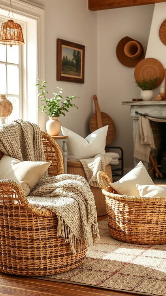 A cozy rustic farmhouse living room with woven chairs, soft blankets, and natural decor.