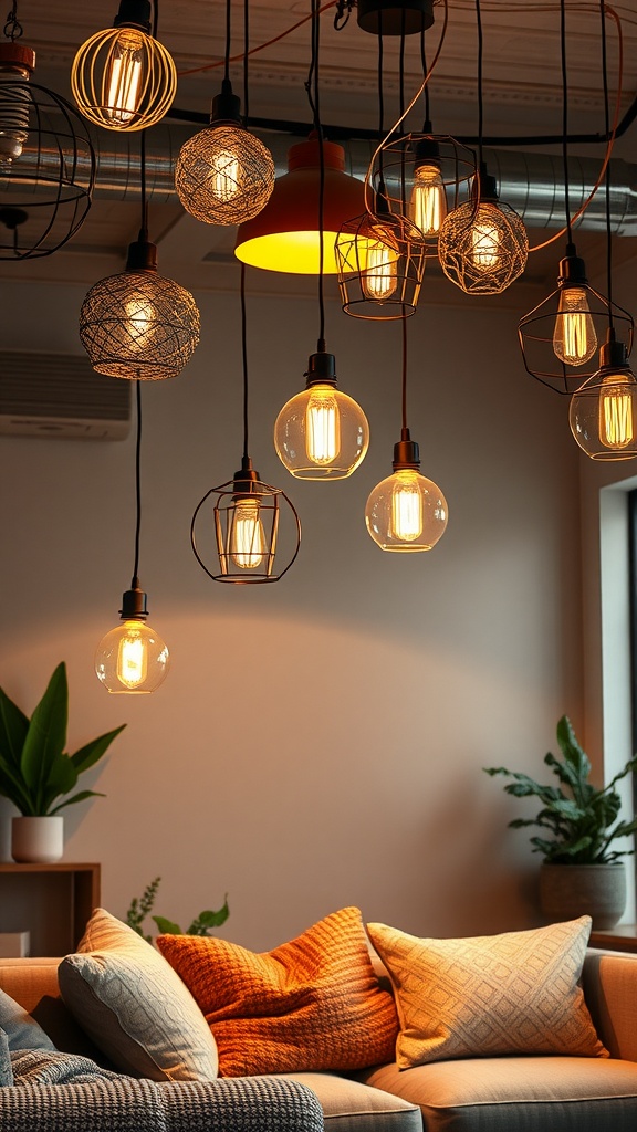 A cozy living room with artistic light fixtures hanging from the ceiling, featuring a mix of styles and warm colors