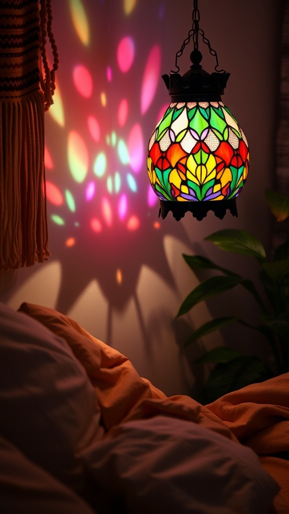 A stained glass lamp casting colorful patterns on a wall in a cozy bedroom