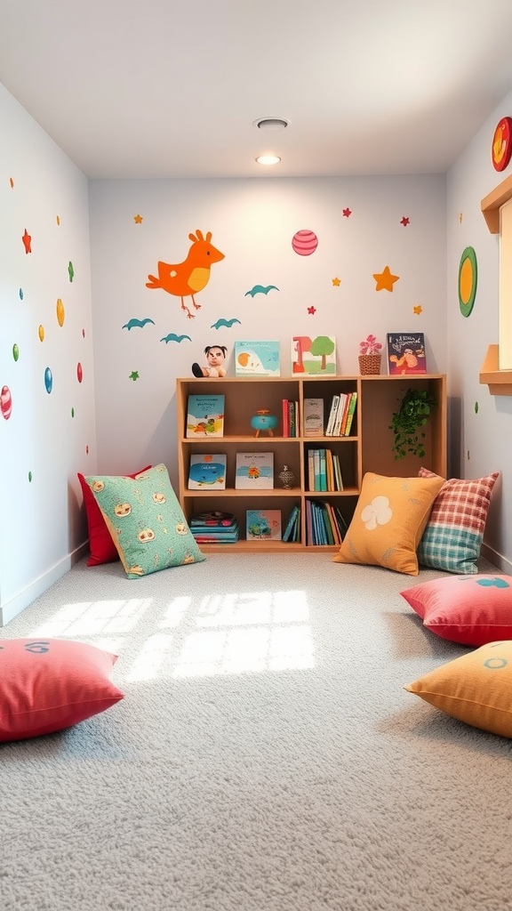 Bright and cozy carpeted reading nook for kids, featuring colorful pillows and bookshelves.