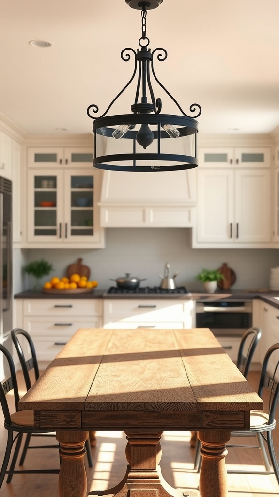 A black wrought iron chandelier over a wooden dining table in a modern kitchen.