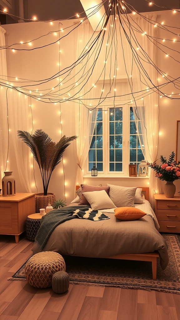 A contemporary chic bedroom with fairy lights draped across the ceiling, neutral bedding, and stylish decor.