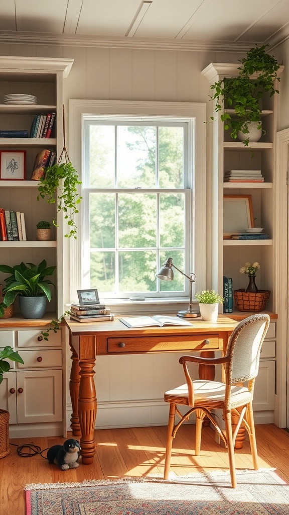 Cozy cottage-style office space with a wooden desk, chair, shelves filled with books, and plants