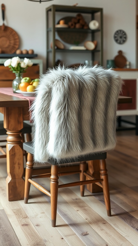 A dining chair with a faux fur throw blanket draped over it in a cozy farmhouse setting.