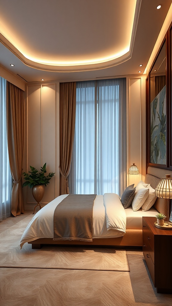 Luxurious bedroom with LED lighting techniques, featuring soft warm lights, elegant decor, and cozy atmosphere.