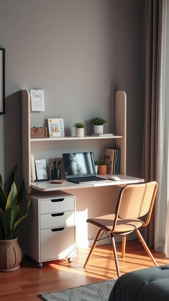A folding wall desk with shelves, a laptop, and plants in a cozy corner.