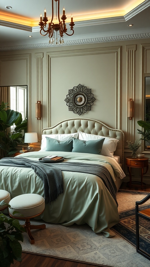 Glamorous sage green bedroom with elegant decor and warm lighting