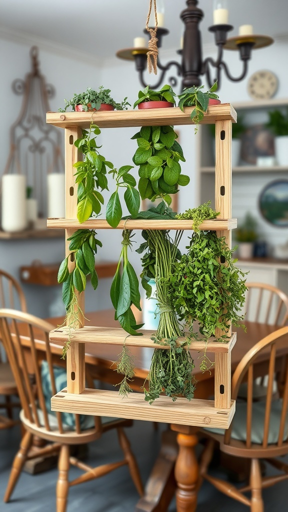 Wooden herb drying rack with various herbs hanging, set in a cozy dining room