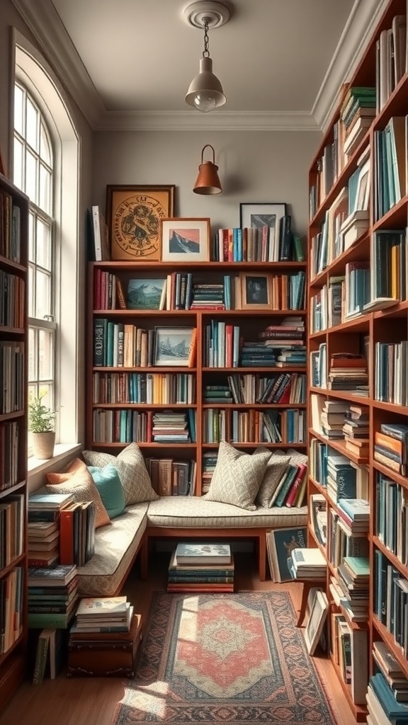 A cozy library nook with wooden bookshelves filled with books, a comfortable seating area, and decorative items.