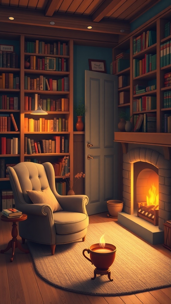A cozy library with bookshelves, a comfortable armchair, and a fireplace